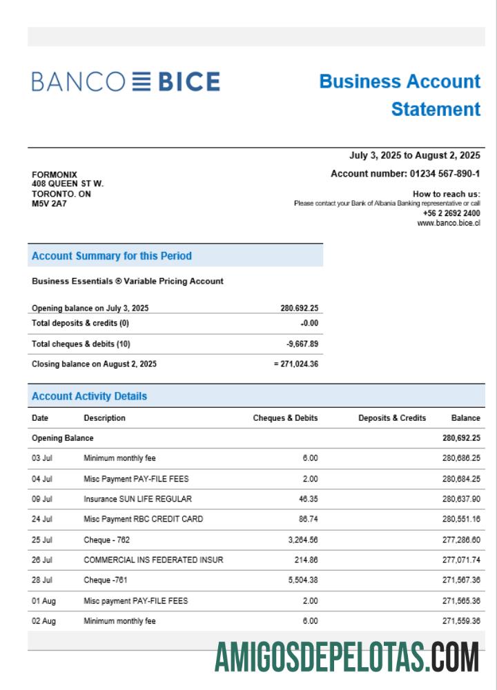Chileno Banco Bice Business Firm Account Extrato bancário Word e formato PDF exemplo